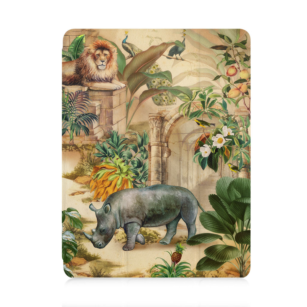 front view of personalized iPad case with pencil holder and Rainforest Animals design