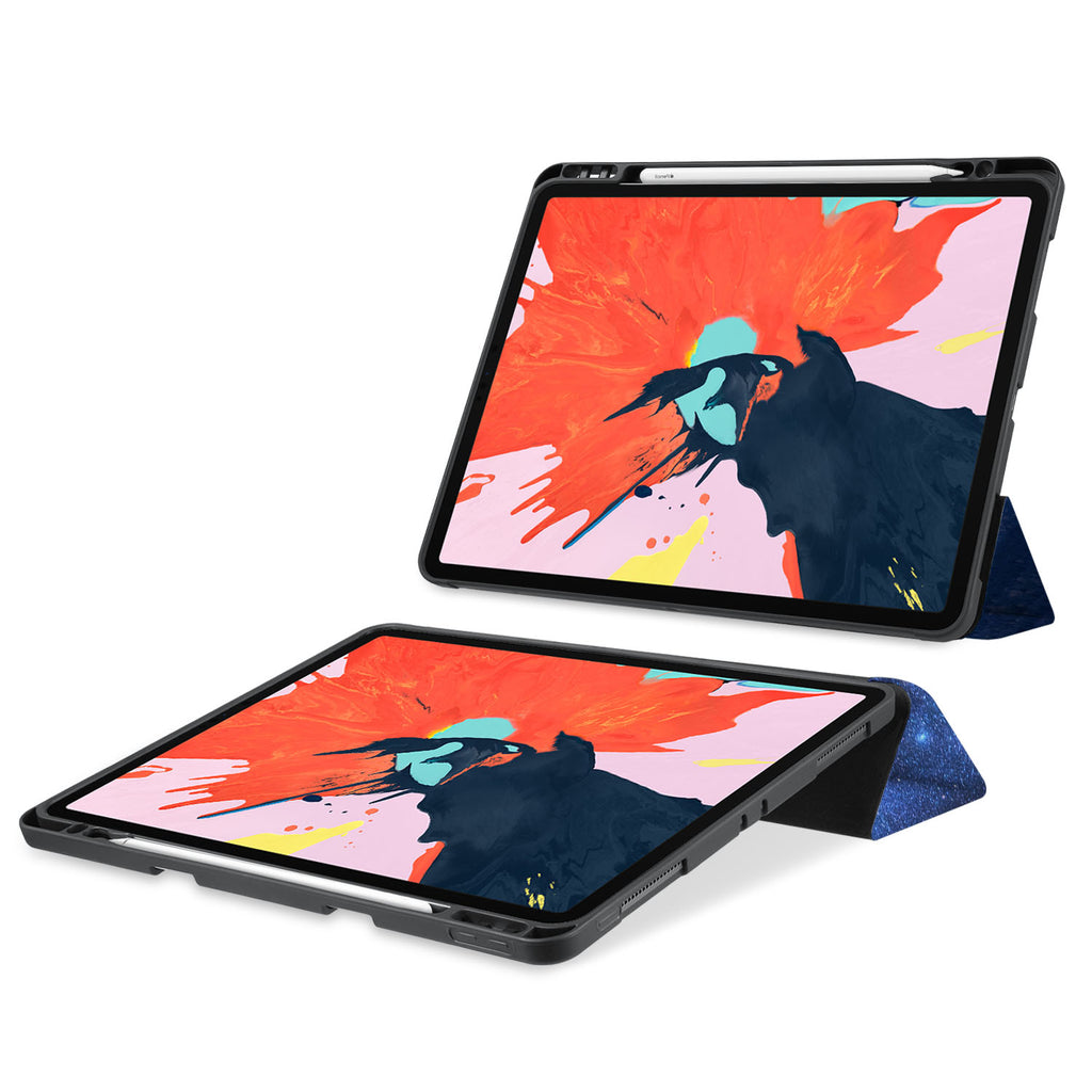 movie and keyboard stand view of personalized iPad case with pencil holder and Nature Wonder design - swap