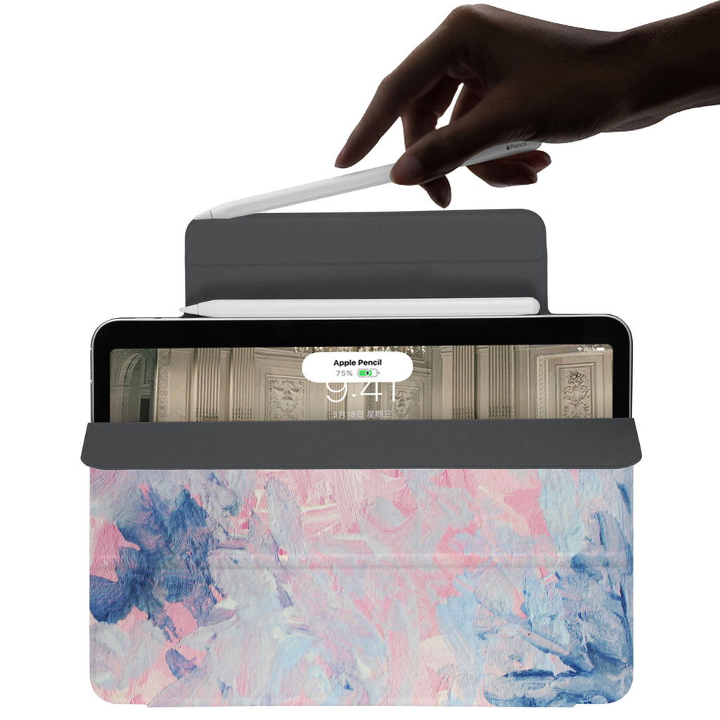 the VistaCase Personalized iPad Slim Fit Case with Oil Painting Abstract design,  The case includes built-in storage and a cutout for easy magnetic attachment of your Pencil, ensuring it's always within reach.