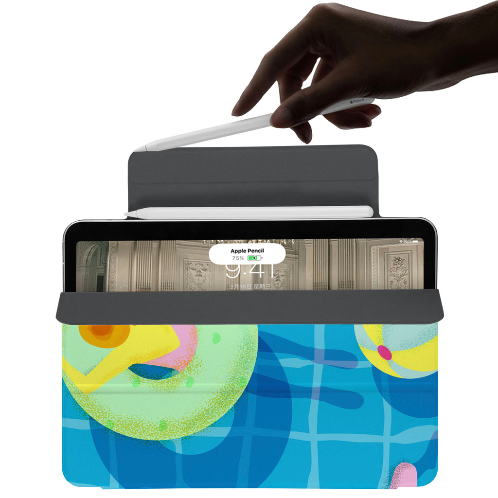 the VistaCase Personalized iPad Slim Fit Case with Beach design,  The case includes built-in storage and a cutout for easy magnetic attachment of your Pencil, ensuring it's always within reach.