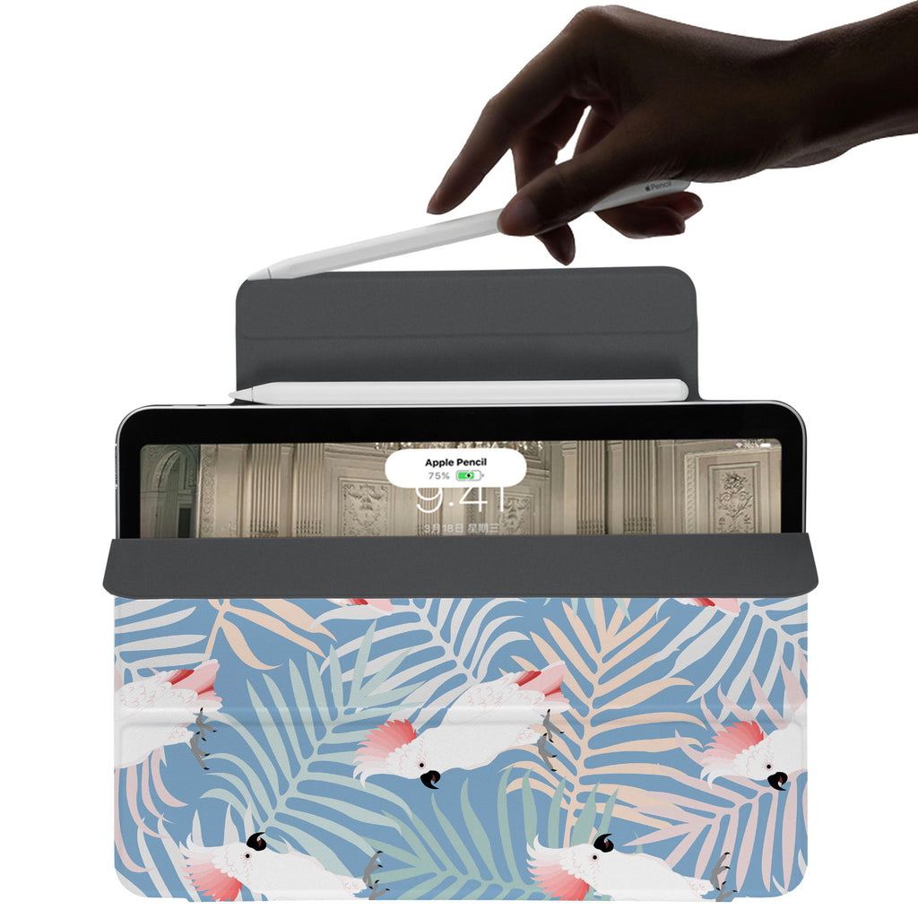 the VistaCase Personalized iPad Slim Fit Case with Bird design,  The case includes built-in storage and a cutout for easy magnetic attachment of your Pencil, ensuring it's always within reach.