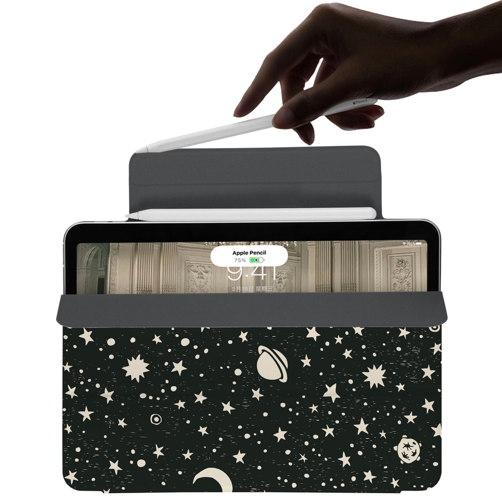 the VistaCase Personalized iPad Slim Fit Case with Space design,  The case includes built-in storage and a cutout for easy magnetic attachment of your Pencil, ensuring it's always within reach.