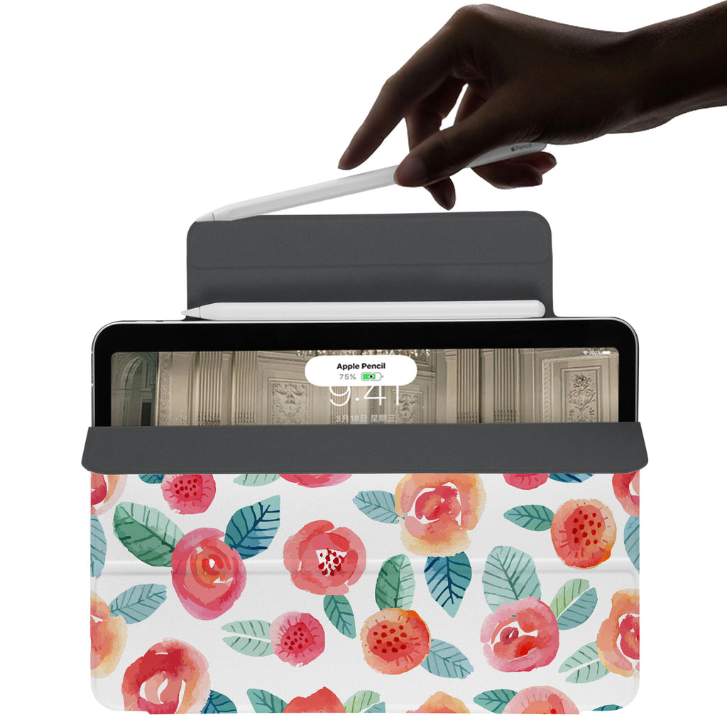 the VistaCase Personalized iPad Slim Fit Case with Rose design,  The case includes built-in storage and a cutout for easy magnetic attachment of your Pencil, ensuring it's always within reach.