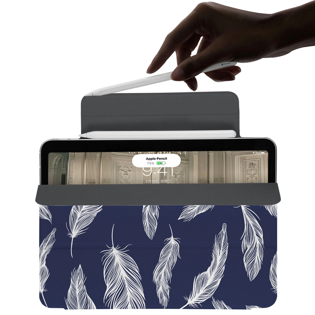 the VistaCase Personalized iPad Slim Fit Case with Feather design,  The case includes built-in storage and a cutout for easy magnetic attachment of your Pencil, ensuring it's always within reach.