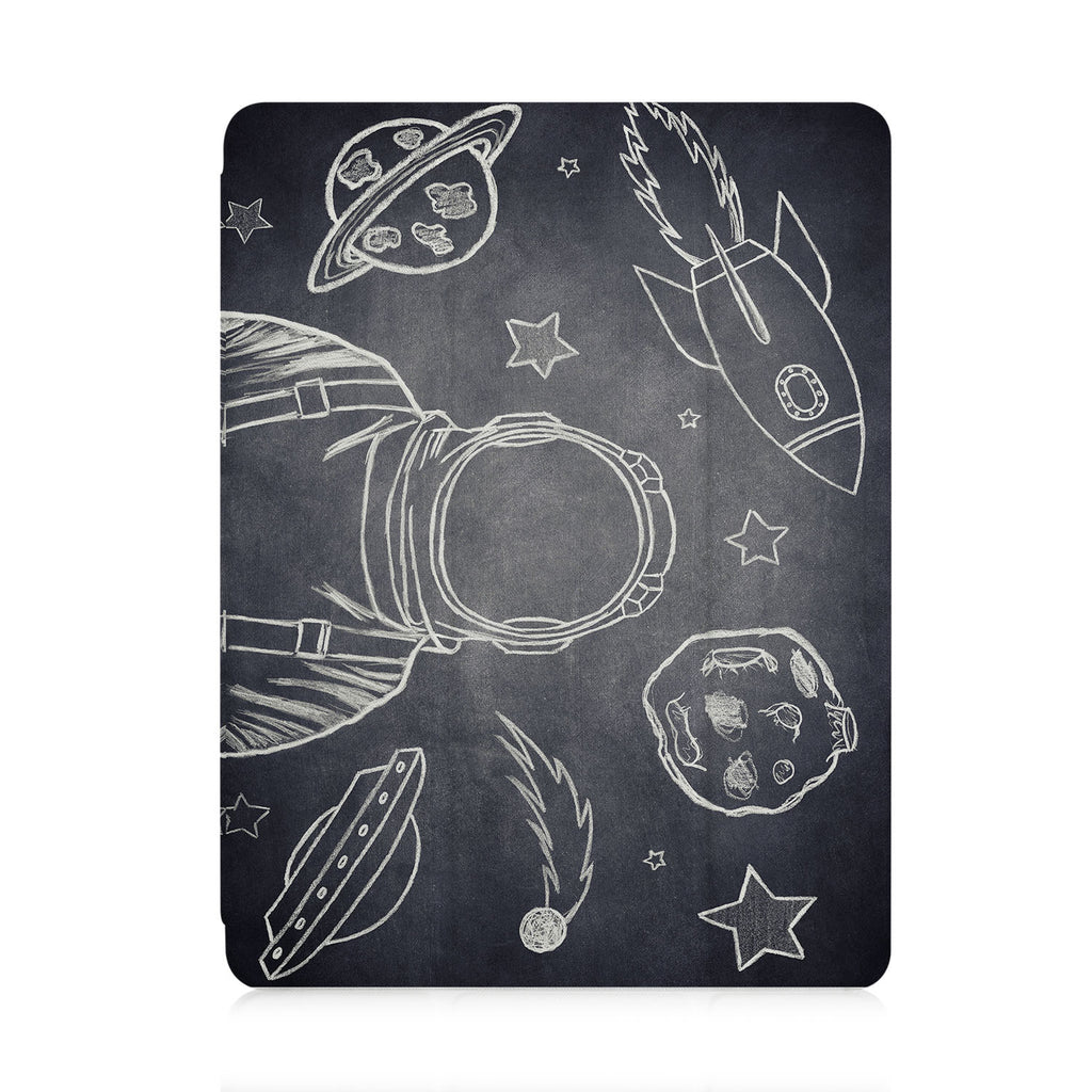 front and back view of personalized iPad case with pencil holder and Astronaut Space design