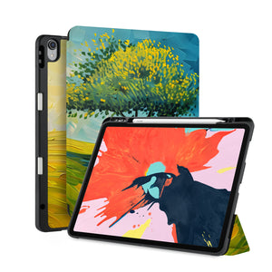 front back and stand view of personalized iPad case with pencil holder and Tree Painting design - swap