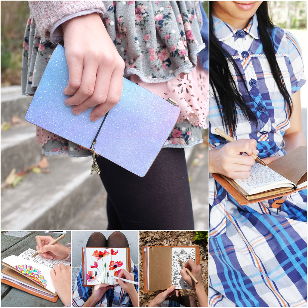 
a young girl holding midori style traveler's notebook with ombre pastel galaxy design