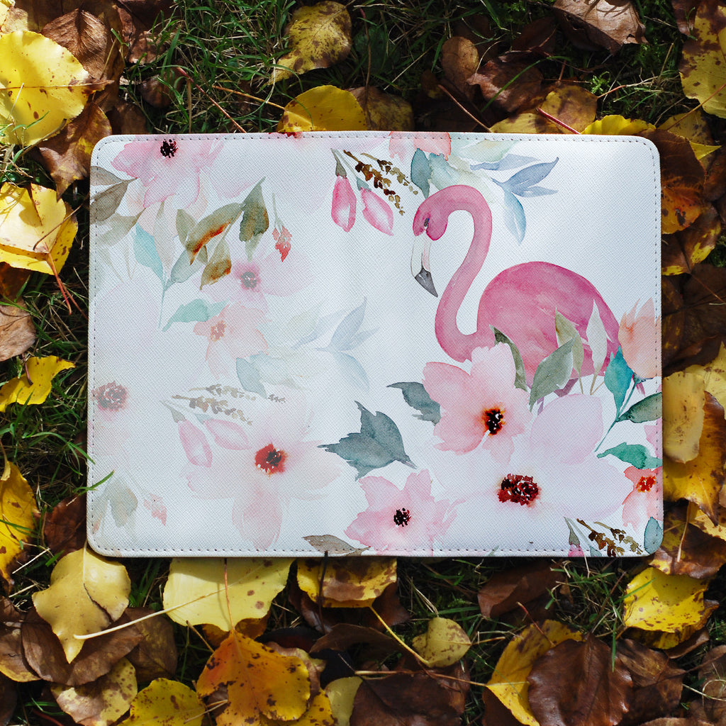 flat view of personalized RFID blocking passport travel wallet with Flamingo design