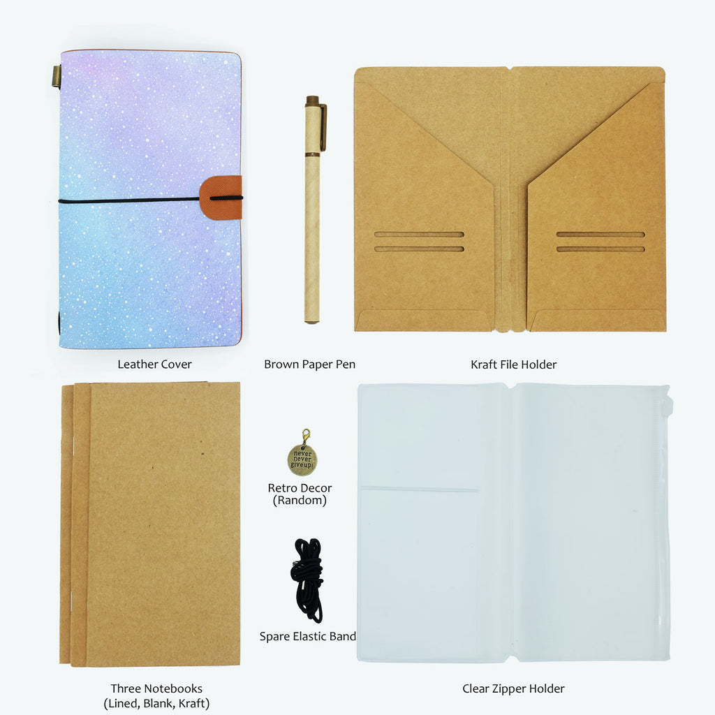 
the package contents of midori style traveler's notebook ombre pastel galaxy design with accessories 