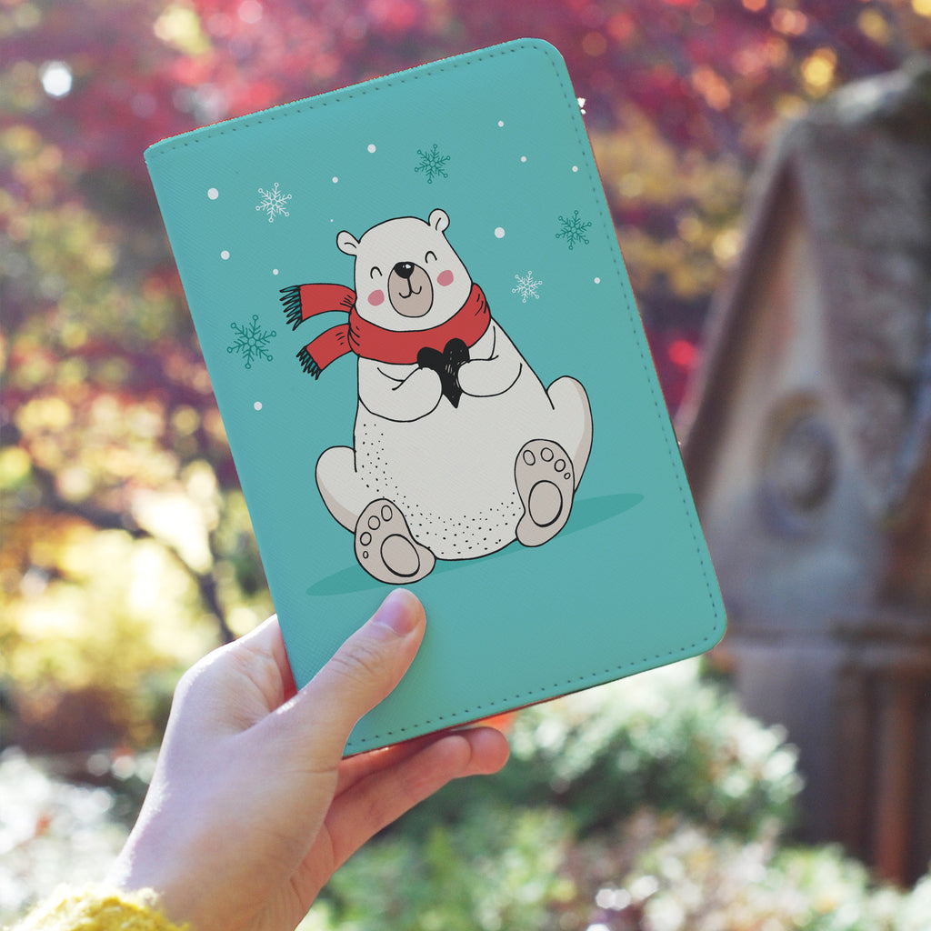 a girl holding personalized RFID blocking passport travel wallet with Polar Bears Christmas design