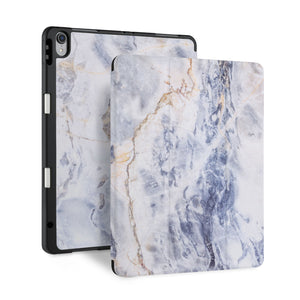 front back and stand view of personalized iPad case with pencil holder and Marble design - swap