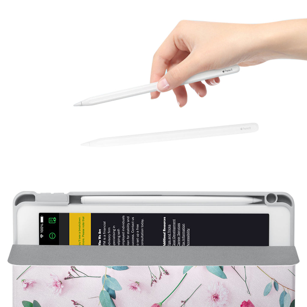 Vista Case iPad Premium Case with Flat Flower 2 Design has an integrated holder for Apple Pencil so you never have to leave your extra tech behind. - swap