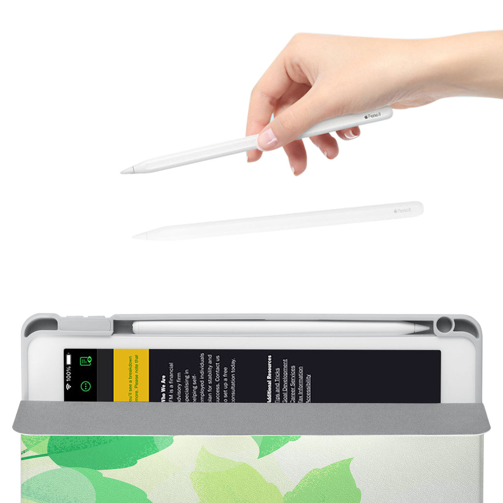 Vista Case iPad Premium Case with Leaves Design has an integrated holder for Apple Pencil so you never have to leave your extra tech behind. - swap