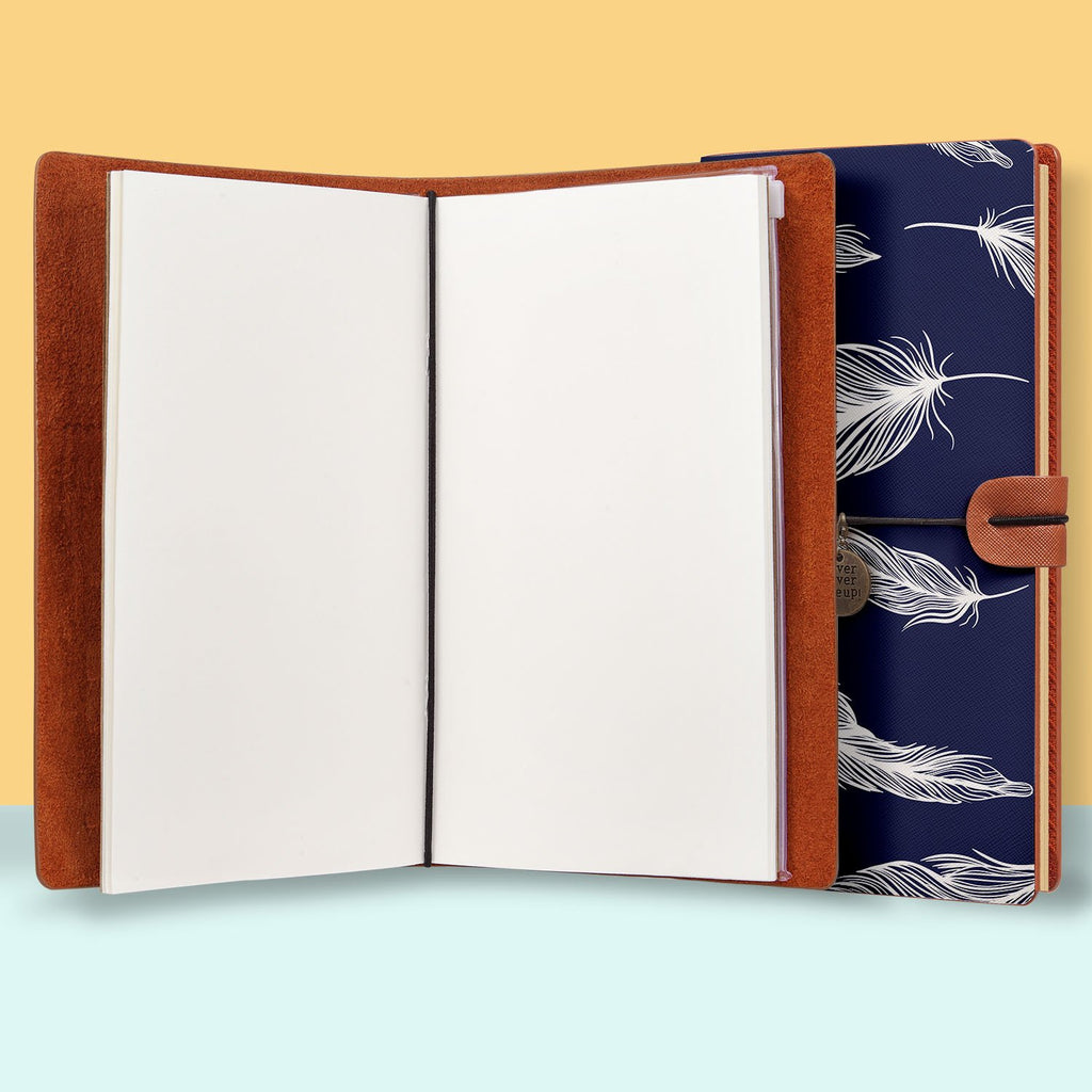 the front top view of midori style traveler's notebook with Feather design