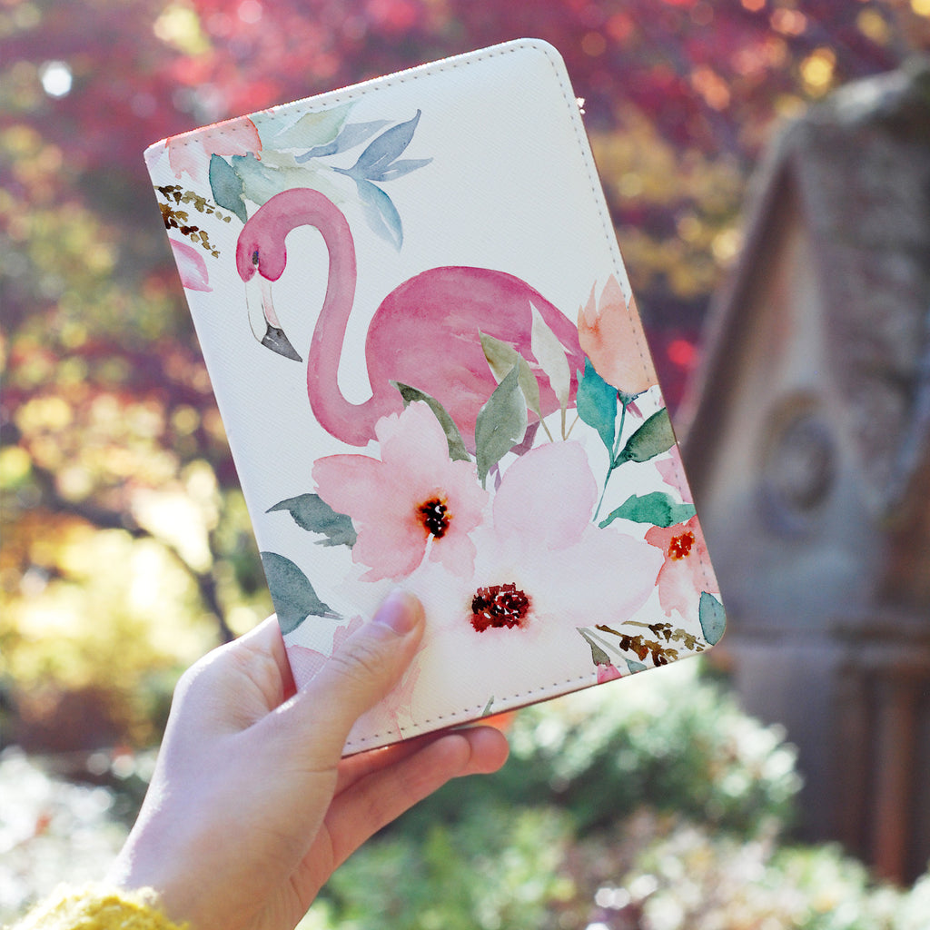 a girl holding personalized RFID blocking passport travel wallet with Flamingo design