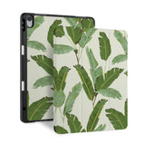 front back and stand view of personalized iPad case with pencil holder and Green Leaves design - swap