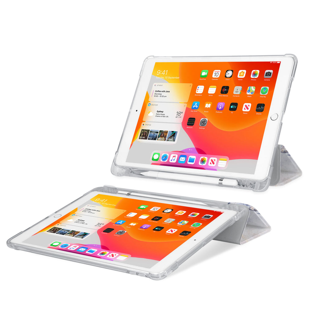 iPad SeeThru Casd with Marble Design Rugged, reinforced cover converts to multi-angle typing/viewing stand