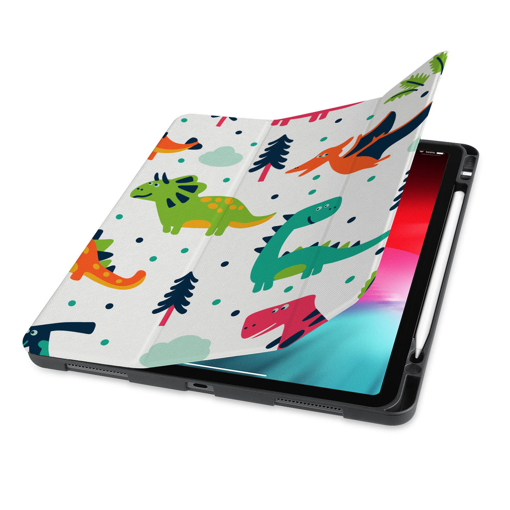 front view of personalized iPad case with pencil holder and Dinosaur design