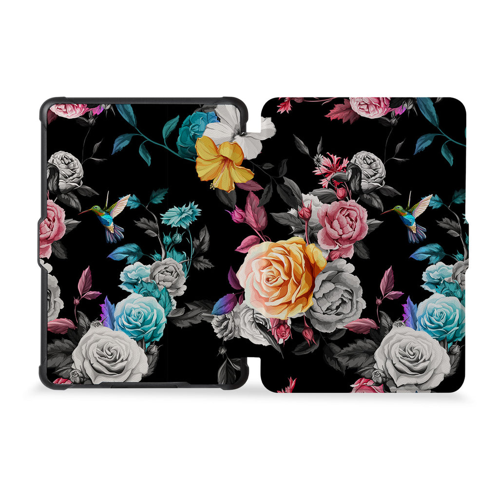 the whole front and back view of personalized kindle case paperwhite case with Black Flower design