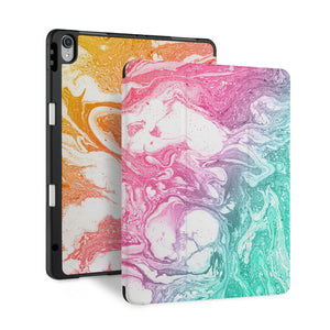 front back and stand view of personalized iPad case with pencil holder and Abstract Oil Painting design - swap