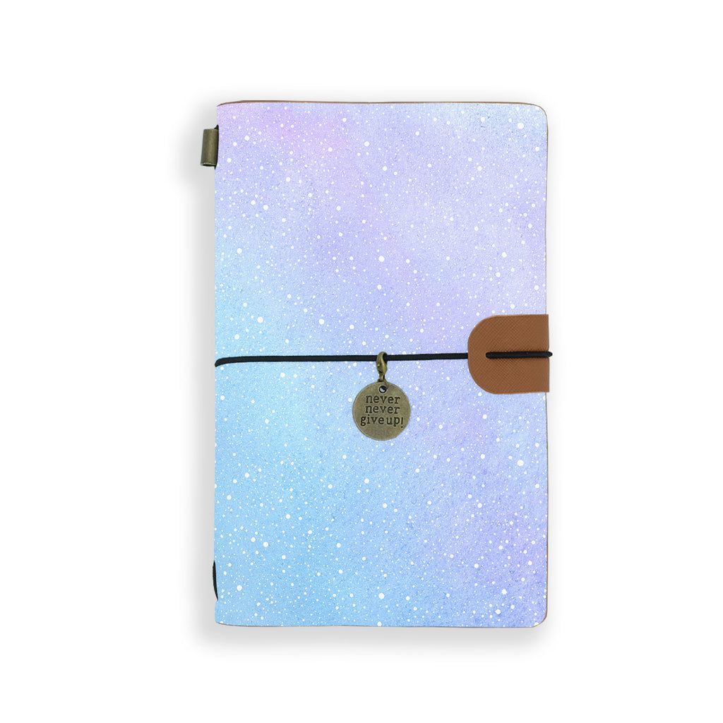 the front top view of midori style traveler's notebook with ombre pastel galaxy design