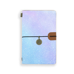 the front top view of midori style traveler's notebook with ombre pastel galaxy design