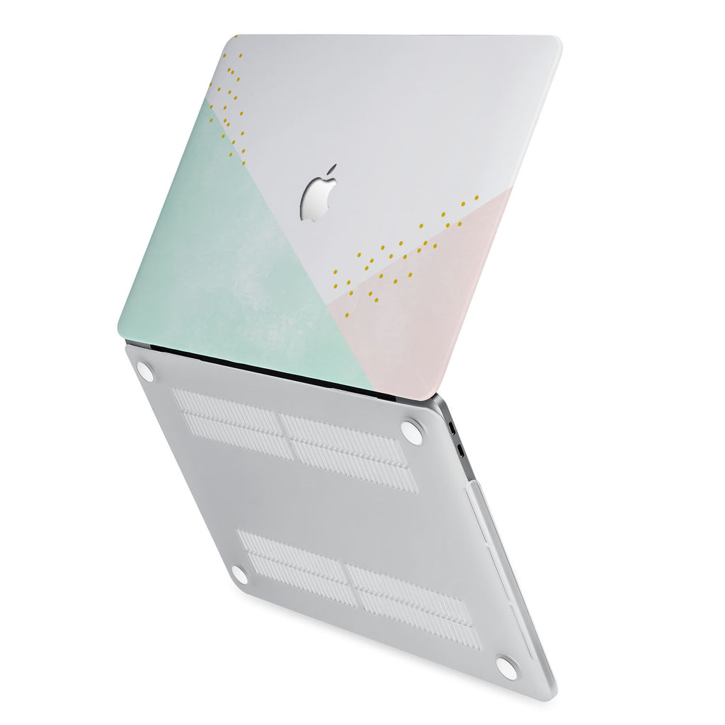 hardshell case with Geometric design has rubberized feet that keeps your MacBook from sliding on smooth surfaces