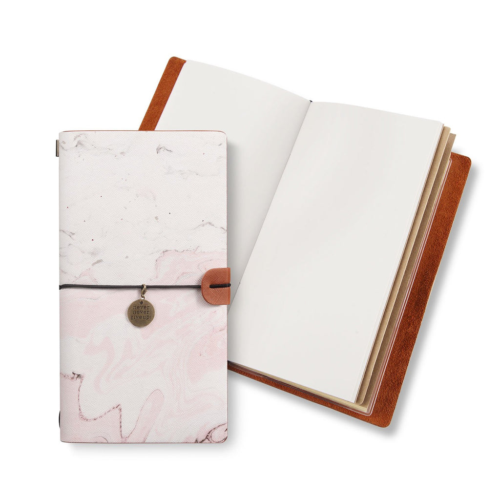 opened midori style traveler's notebook with Pink Marble design