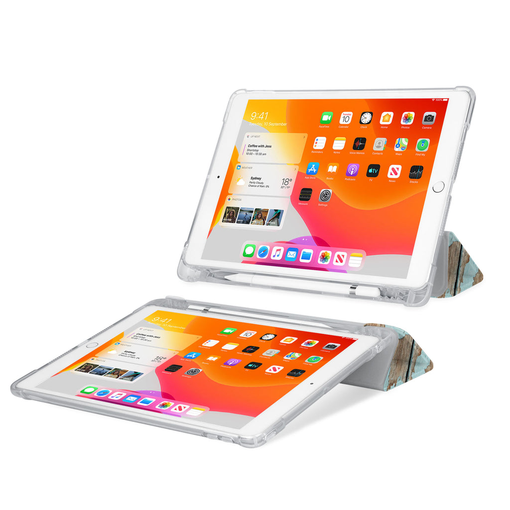 iPad SeeThru Casd with Wood Design Rugged, reinforced cover converts to multi-angle typing/viewing stand