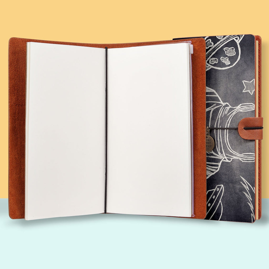 the front top view of midori style traveler's notebook with Astronaut Space design